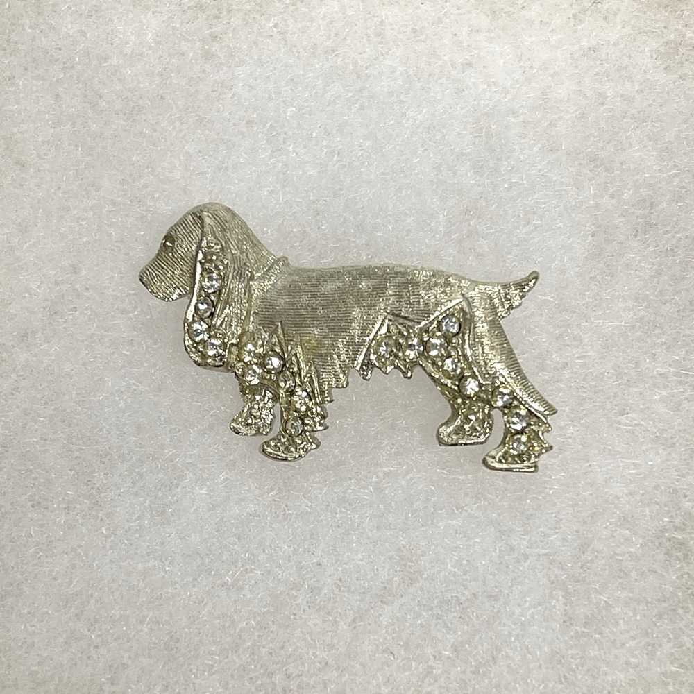 Vintage BSK Crocker Spaniel Dog Pin Brooch Silver Tone Rhinestone MCM‎ Jewelry
